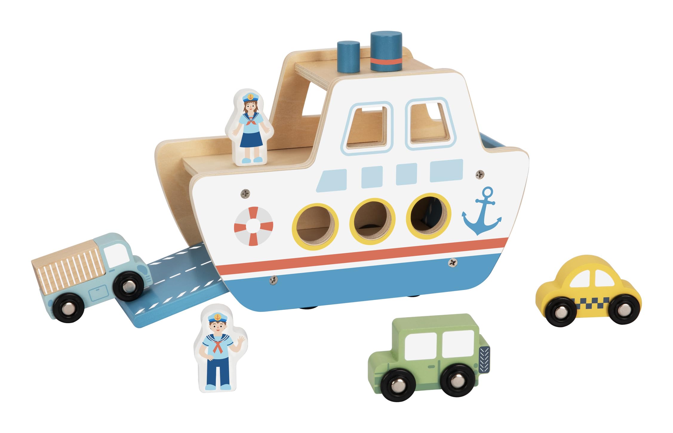 Wooden Ferry Pretend Play Toy, Cargo Ship with Vehicles and Characters, 18 Months+, 11.8x12.3x24.8 cm