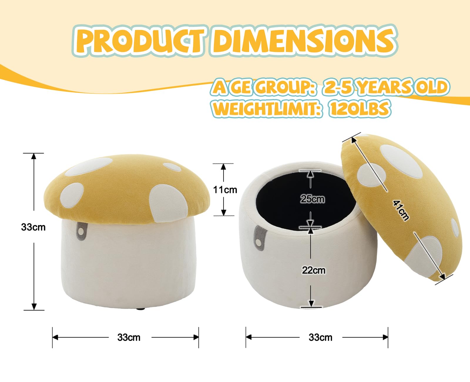 Ya-Home Otomano Bajo 41X33X33cm Taburete con Almacenamiento para Niños de Chenille, Amarillo