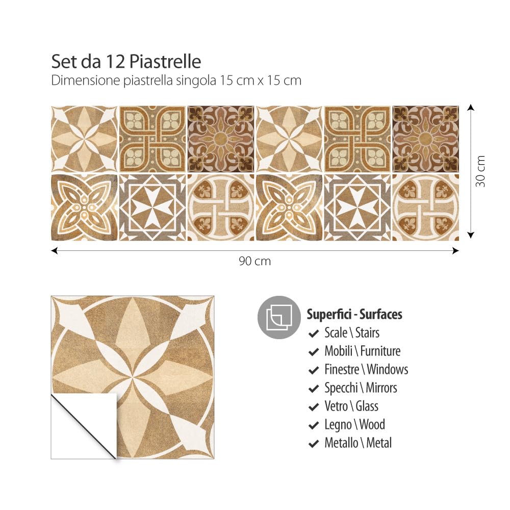 RE-COVERTILES - Pegatinas para Azulejos de Baño y Cocina 12 Piezas 15x15 cm - PS00146 Decoración de pared en PVC Azulejos Mosaico Impermeables estilo Cementina Azulejos — view 3