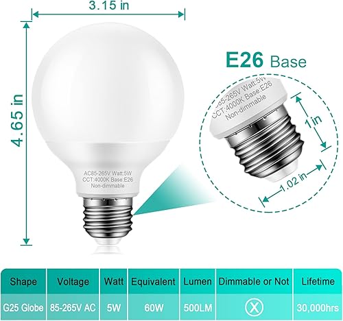 Miniatura 16 de Paquete de 4 bombillas de luz diurna para baño, equivalente a 60 vatios, base mediana E26, bombillas LED G25 para tocador de baño, bombilla redonda