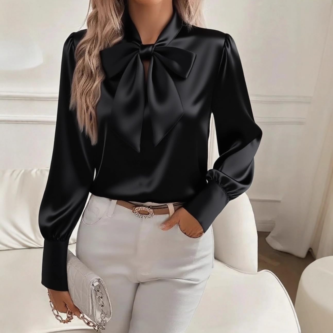 Camicie da donna in raso con fiocco, eleganti camicette di seta a maniche lunghe casual eleganti top da lavoro da donna 2025