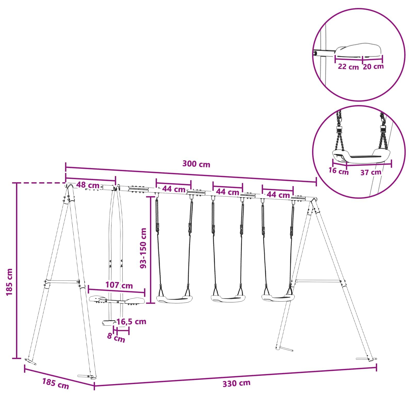 Juego de columpio para exteriores multicolor de acero y PE 330 x 185 x 185 cm con asiento ajustable, juguete de jardín robusto para niños de 3 a 10 años