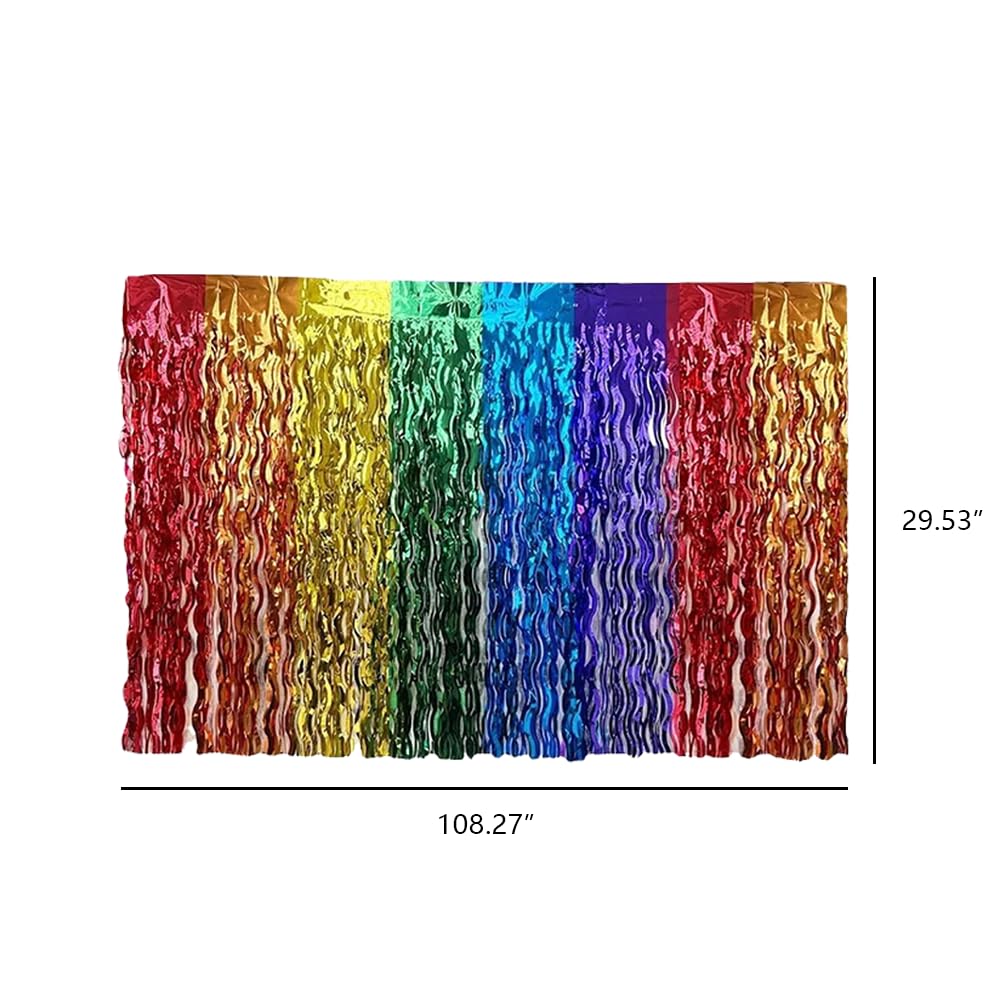 LannuMet 2pcs Rainbow Disposable Table Skirts,Wavy Metallic Tinsel Foil Fringe Table Skirts,Party Decorations Fiesta Party Decorations for Birthday Wedding Engagement Baby Shower Party,29.5x108 Inch
