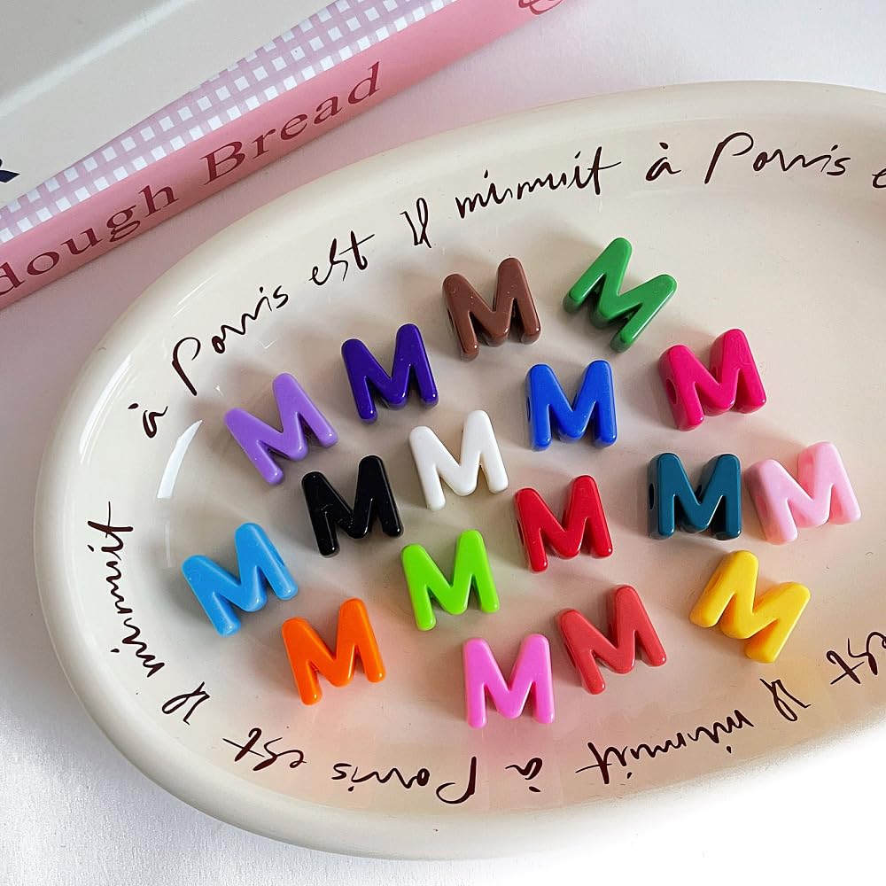 Clotiry Approx 130Pcs Colourful Letter M Large Hole Beads Opaque Acrylic Alphabet Letter Spacer Beads for DIY Beading Keychains Supplies