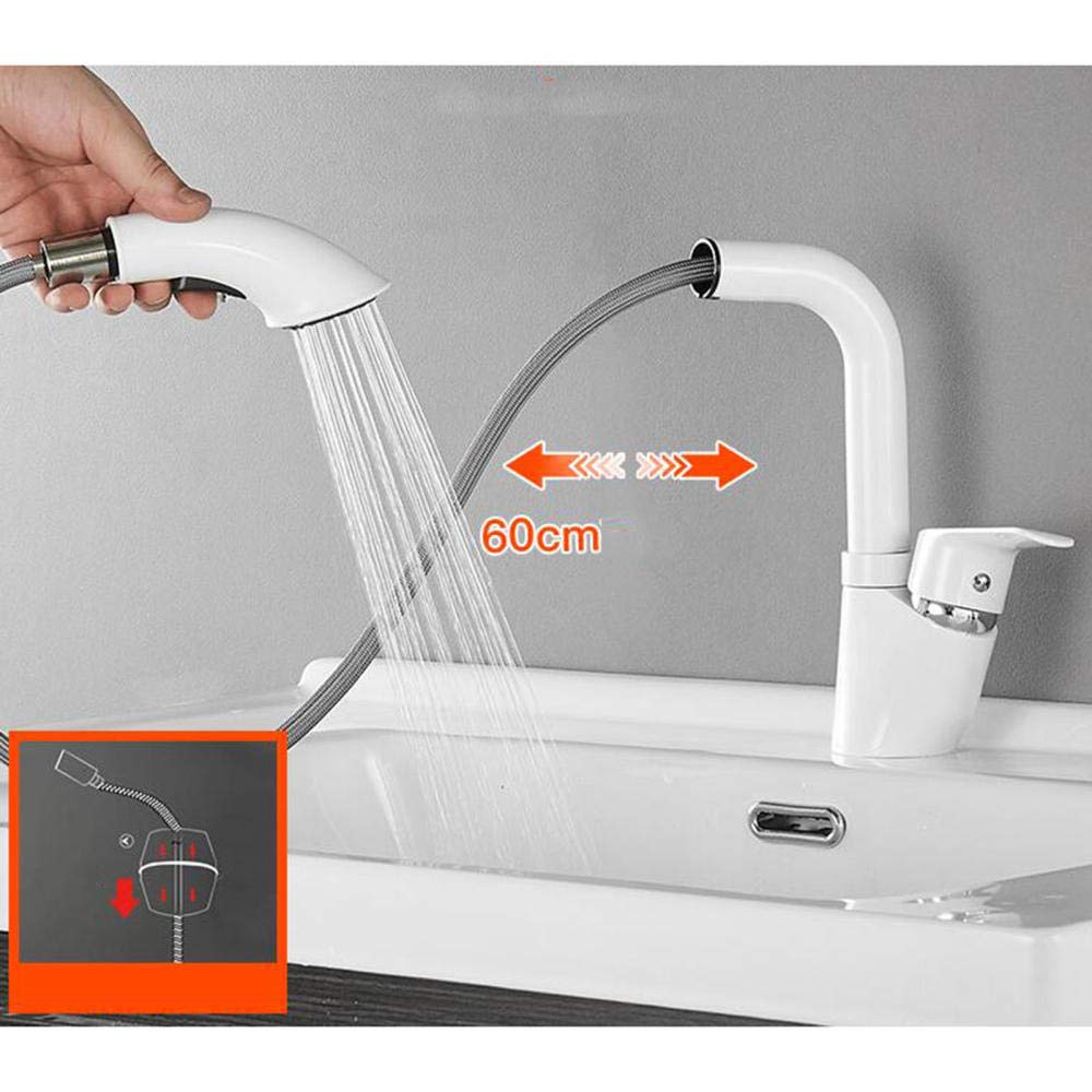Grifo de Lavabo Extraíble Grifo Baño Blanco Latón Grifo de Lavabo Multifuncional Giratorio Frío y Calor Elevable Retráctil Grifo de Baño
