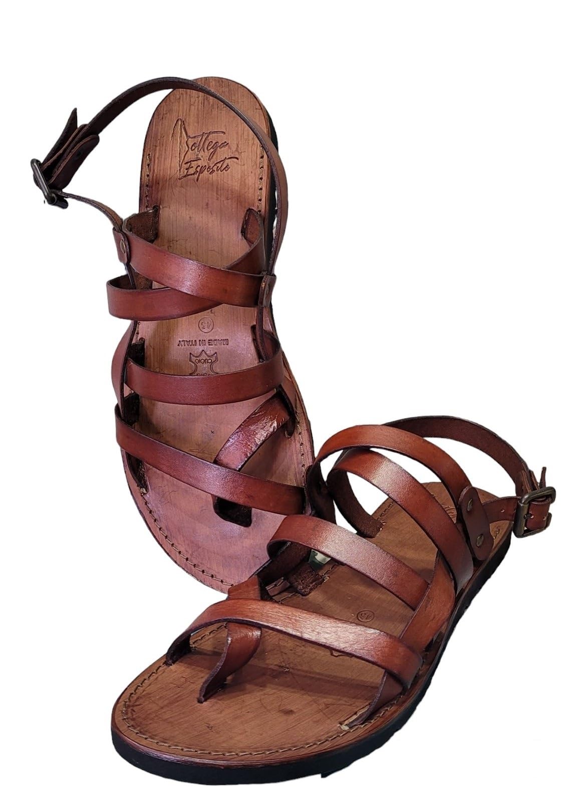 Sandali artigianali da Uomo fatti a mano con materiali di qualità: vera pelle e vero cuoio 100% Made in Italy Handmade Sandals for Man (44, Marrone)