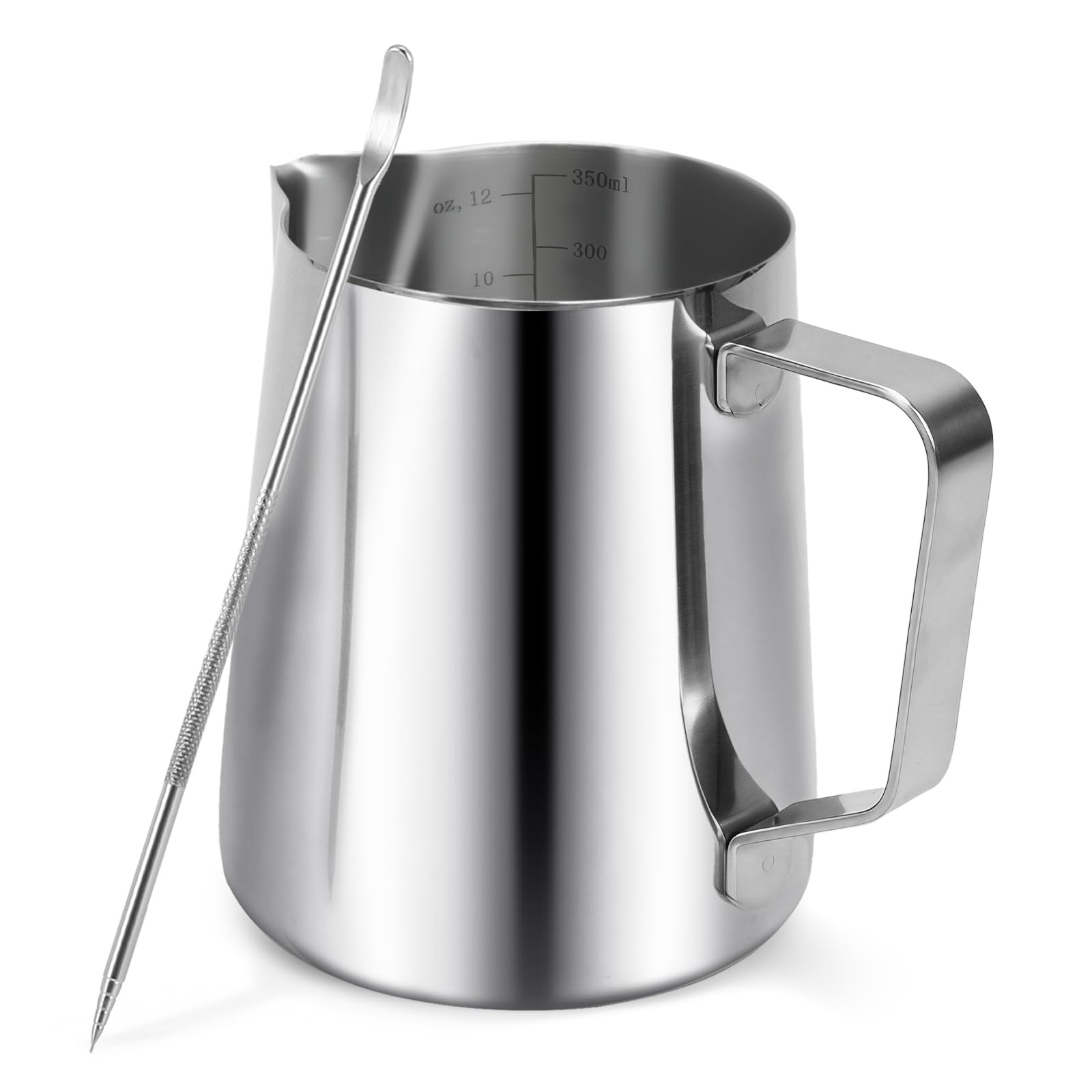 Milchkännchen für Kaffeemaschine, 350ml Edelstahl milchkännchen dampfende Krüge, Skala Kaffee/Milch/Cappuccino/Latte Art Barista Dampf Krüge, Milchkranke Tasse mit Dekoration Stift Tasse (350ml)