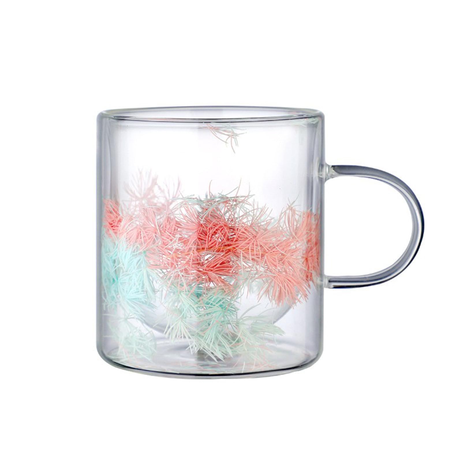 Double Wall Glass Coffee Mugs 11.8 oz Clear Double Wall Glasses with Handle Christmas Pine Needle Art Cup for for Milk Tea Cocktail Beverage(B-pink blue)