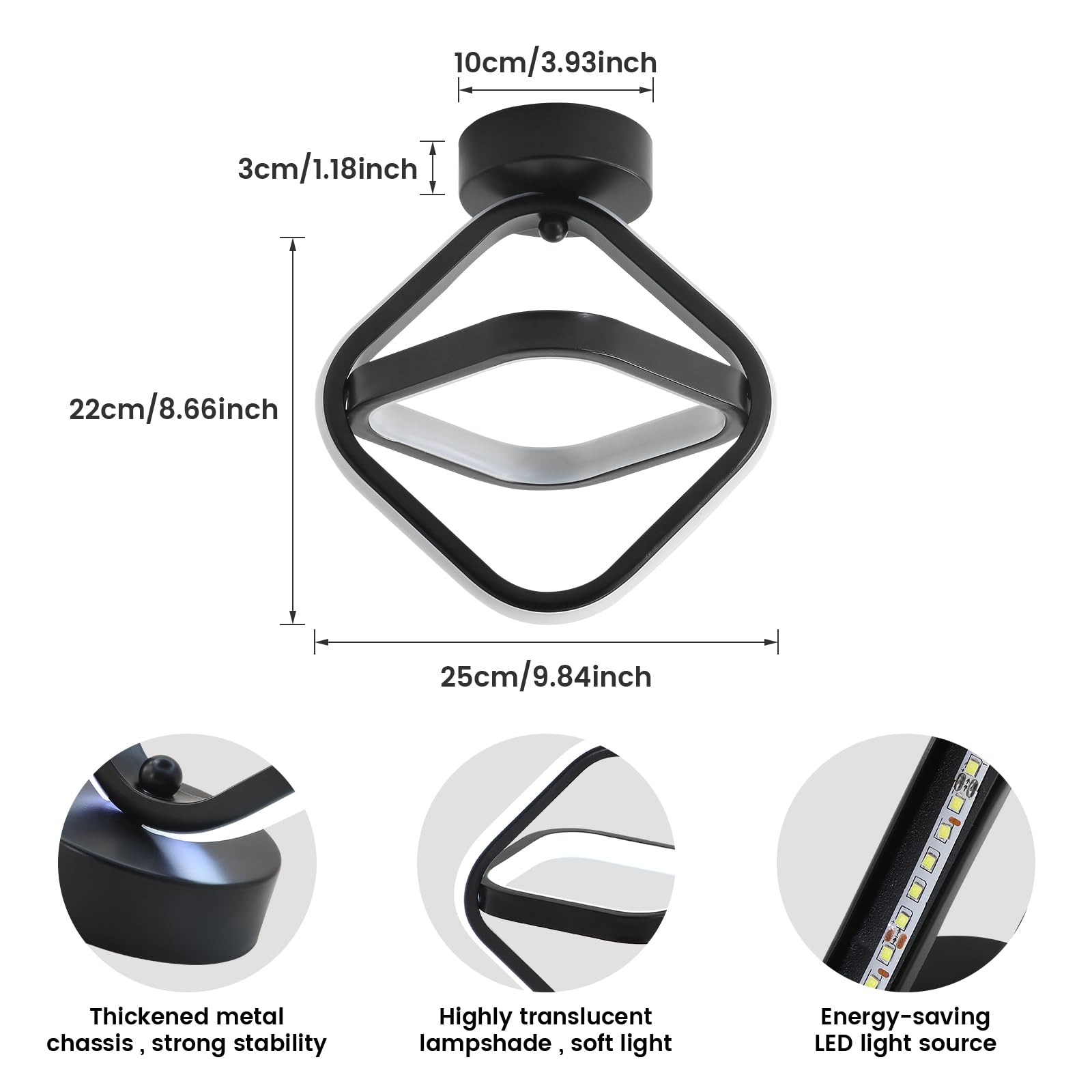 Lustre LED Plafonnier Goeco 22W 2500LM - Luminaire Moderne Noir 26cm Lumière Blanche Froide