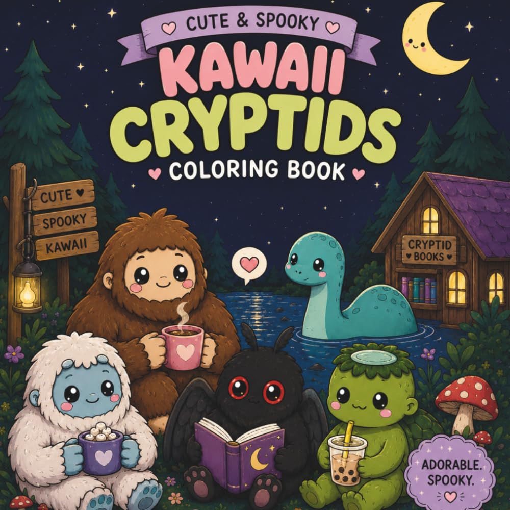 Cute & Spooky Kawaii Cryptids Coloring Book: Adorable Bigfoot, Mothman, Nessie, Aliens & More Cute Cryptid Coloring Pages for Teens & Adults