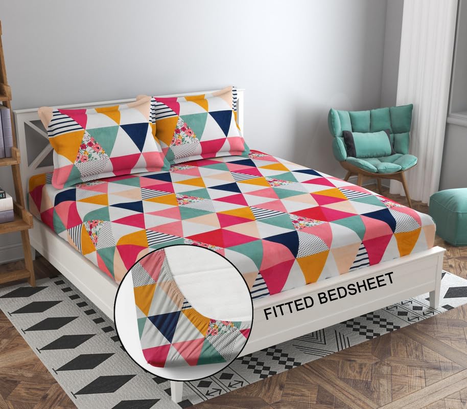 Vaastu Furnishings Prime Collection Ultrasoft Skin Friendly King Size Elastic Fitted Double Bedsheet with 2 Pillow Covers (Size 72 x 78 Inch) - Coloured Triangle Gold Fitted5 (B0D8FMXS3B) Amazon Price History, Amazon Price Tracker