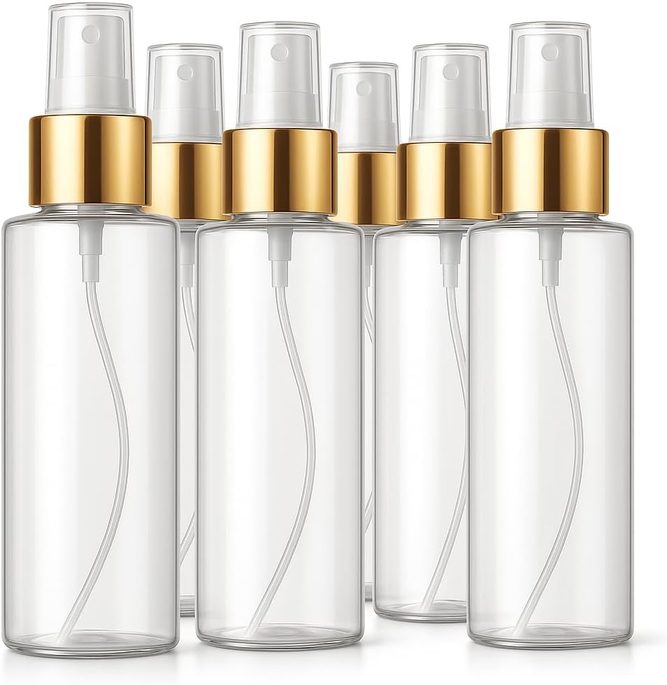 Bar5F Fine Mist Spray Bottle 4-Ounce Crystal-Clear and Firm BPA-Free Gold Misting Cap 6-Pack