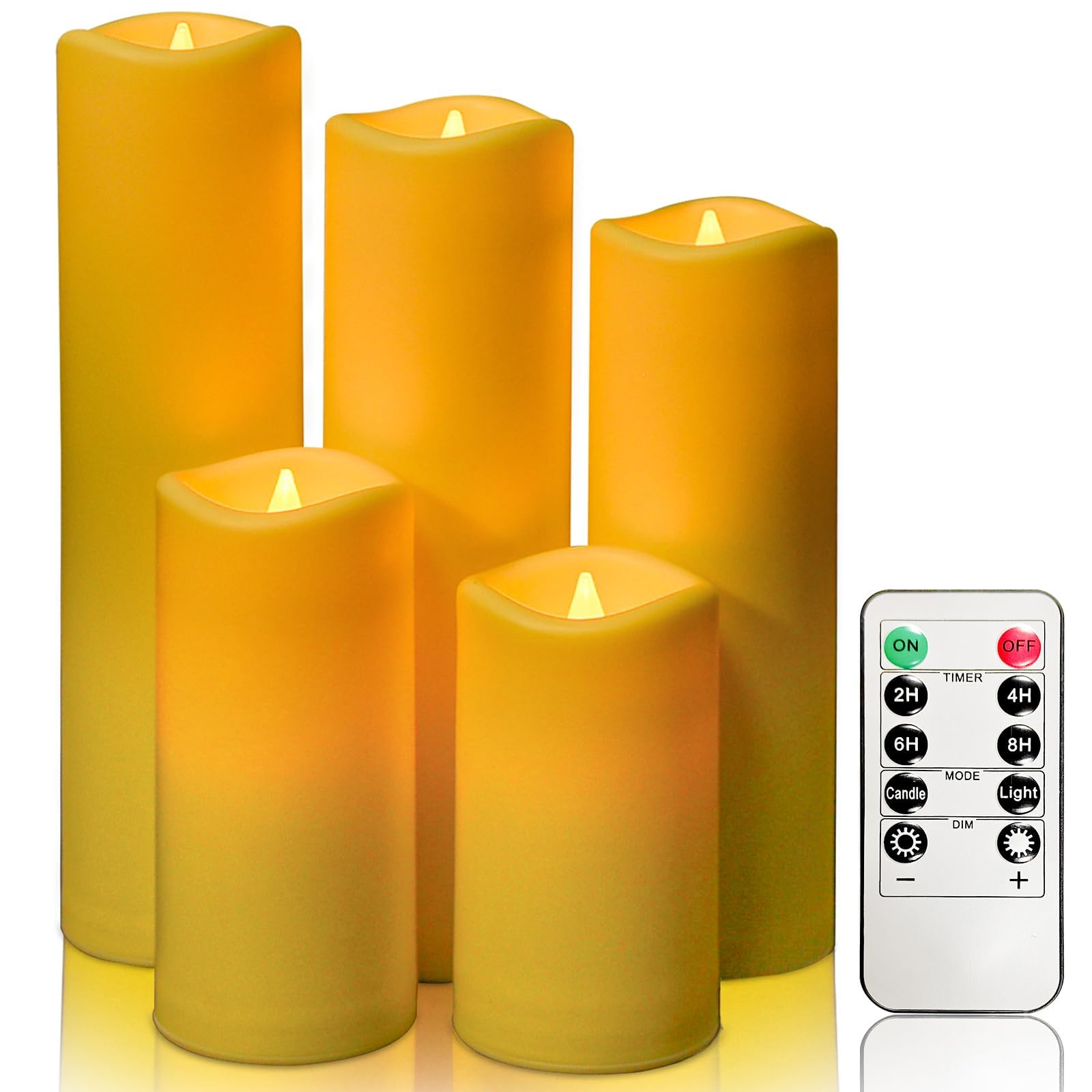 YIWER Waterproof led Flameless Candles - Outdoor Indoor Battery Operated Flickering Candles with Remote Timers, Won't Melt,Ivory Plastic Set of 5 D2.2 x H4 5" 7" 8" 9" for Party Decoration