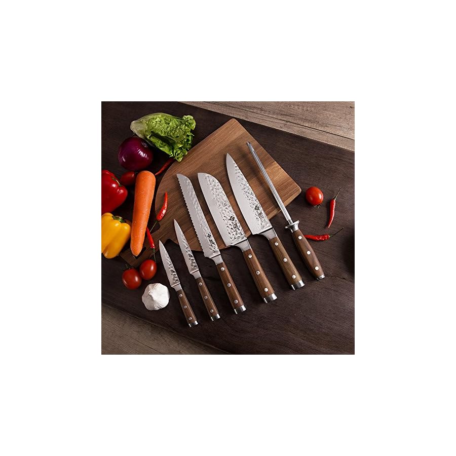 BGT Japanese 67 Layer High Grade VG-10 Super Damascus Steel Knives, Sharp, Teak Handle Professional Hammered Kitchen Knife Set with Knife Roll Bag 6Pcs Set (Silver Blade)