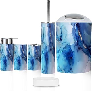 Bathroom Accessory Set 6PCS Translucent Alcohol Ink Texture Luxury Blue Fluid Abstract Trash Can, Soap Dispenser, Toothbrush Holder, Toothbrush Cup, Toilet Brush Holder, Soap Dish for Gifts