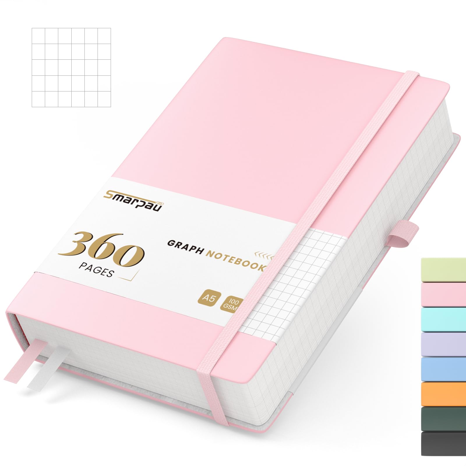 Smarpau Graph Paper Notebook A5, Thick Grid Notebook 360 Pages, 100GSM Squared Paper No Bleed Hardback Leather Journal