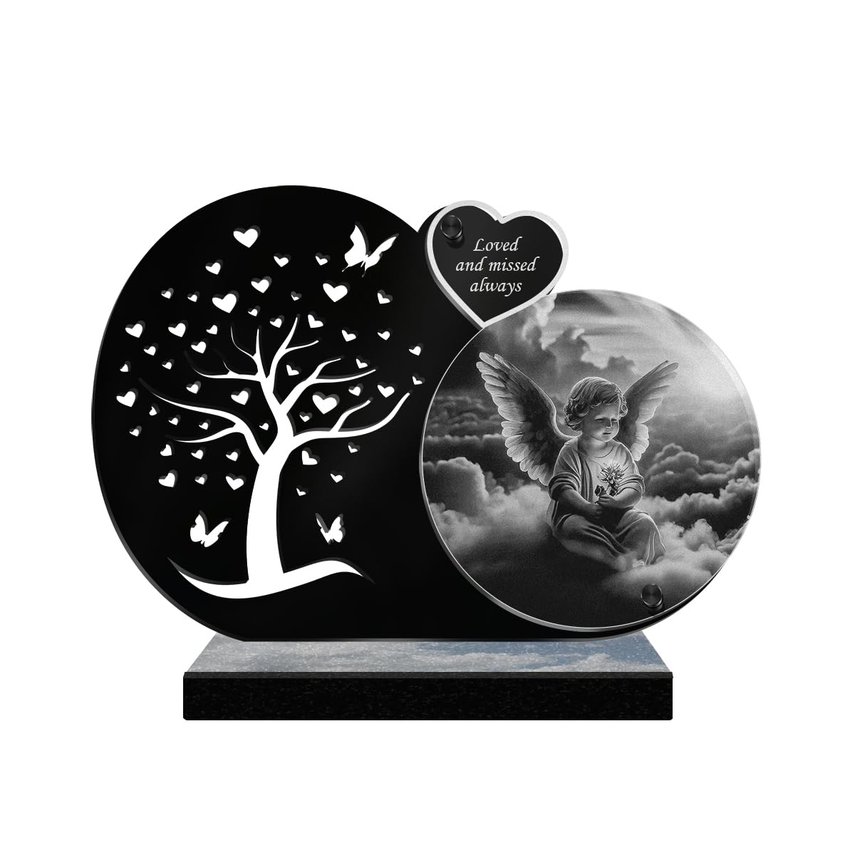 ETERNEL - Personalized Memorial Plaque Tree with Butterflies - Cherub, Angel, Angel Wings - Customizable text, laser-engraved memorial plaque for tribute, cemetery plaque, tombstone, funeral