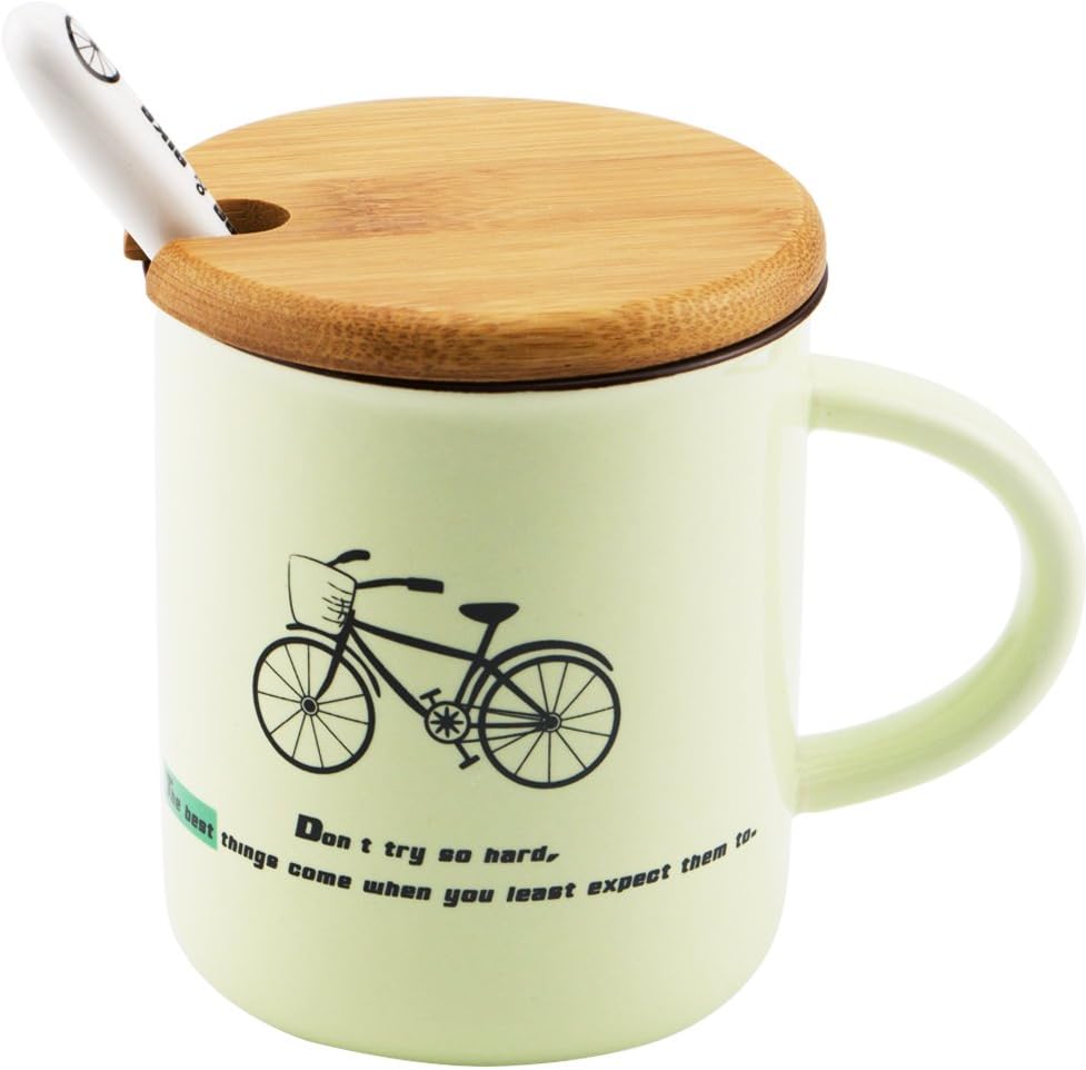 Pretty Housekeeper classical Bright color coffee mugs with lid travel ceramic mug and cup with spoon coffee cup set with handle,bicycle print,11oz,11oz,Green