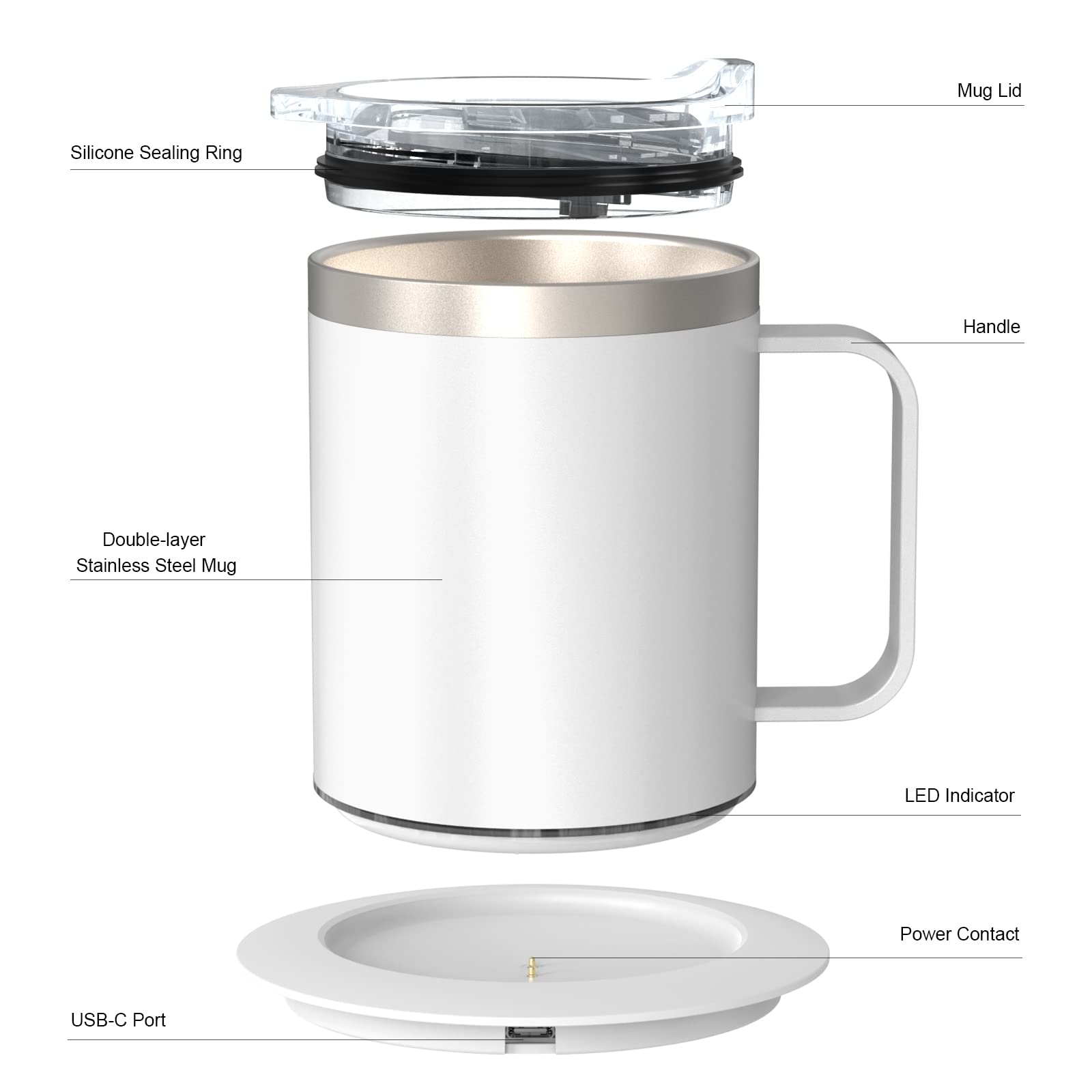 Calentador de taza de té y café USB con taza aislada de acero inoxidable de doble capa de 12 onzas y tapa de calentamiento de hasta 131 °F a 149 °F para escritorio, oficina en casa (blanco) 4