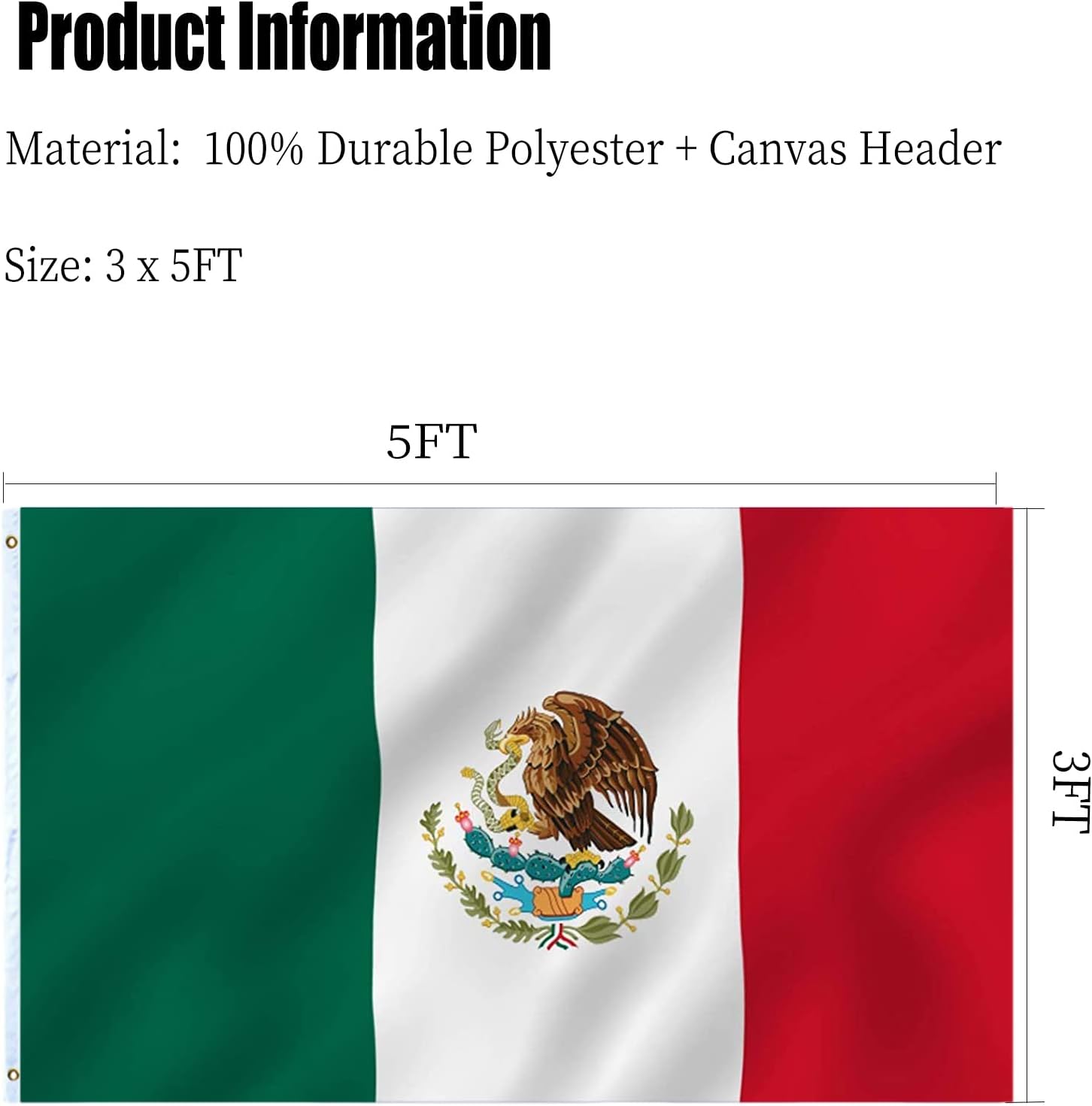 Mexico Mexican Flag 3x5 Double Sided Mexicana Flag for Outdoors 3 Ply 200D Heavy Duty Polyester with Durable Canvas Header and 2 Brass Grommets