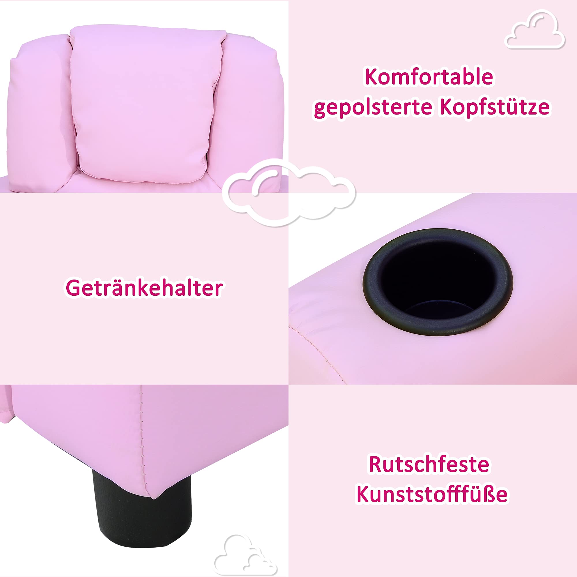 HOMCOM Kindersofa Kindersessel mit Fußstütze Armlehne Getränkehaltern verstellbare Rückenlehne Liegecouch Kindercouch Relaxsessel Kinder Sofa für 3-6 Jahre Jungen Mädchen Rosa