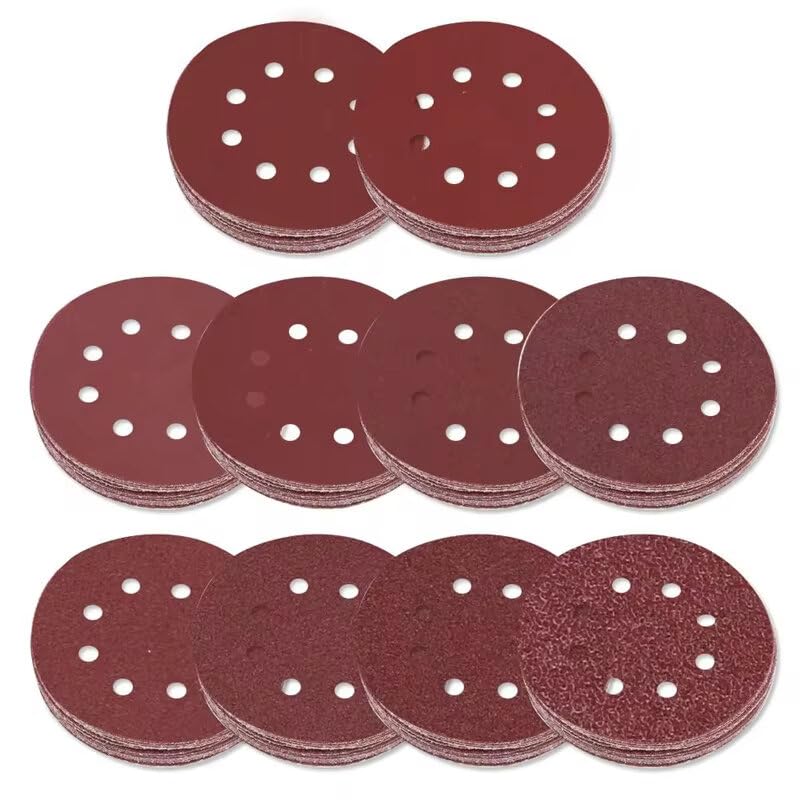 VIDOO Papier Ścierny Okrągły 125mm 5 Cali 8 Otworów Tarcze Szlifierskie na Rzep dla Polerowania Metalu Drewna i Usuwania Rdzy-100Pcs #180