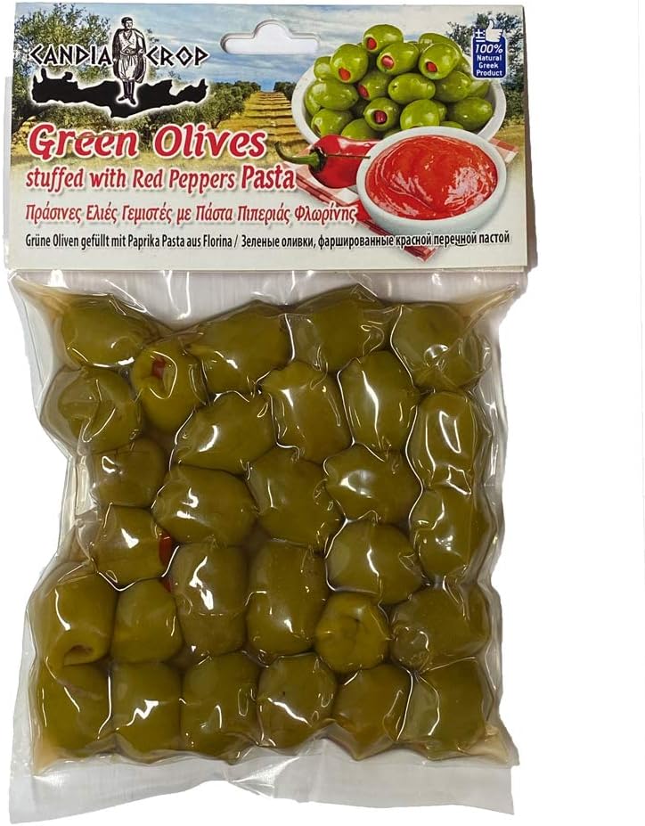 Candia Crop Greek Green Olives Stuffed with Florina Red Pepper Paste, Pack of 5 x 200g (Total: 1 kg)