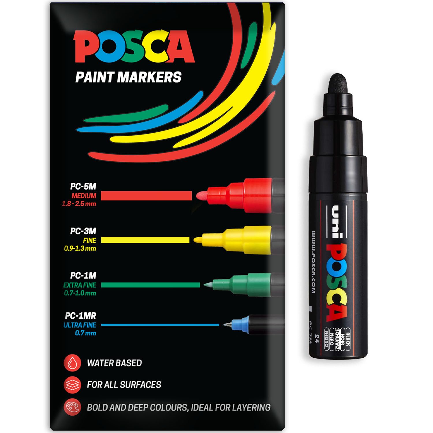 Posca Water Based Acrylic Paint Marker Pens | Multi Surface Use Permanent Paint Pen | Pack of 1 in Envelope Gift Packaging | Glass, Fabric, Canvas, Wood etc | PC-7M, Black