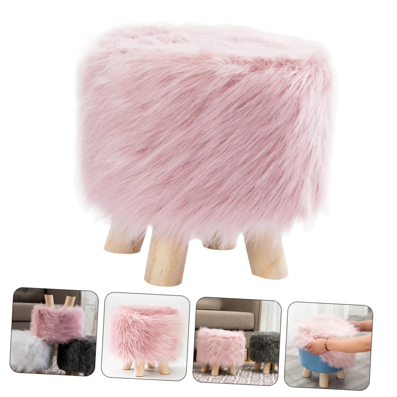 Sgabello Basso per Cambio Scarpe Rosa, in Pelliccia Sintetica e Poliestere, Morbido e Antiscivolo, per Bambini, Bagno e Cucina, 28x28 Cm
