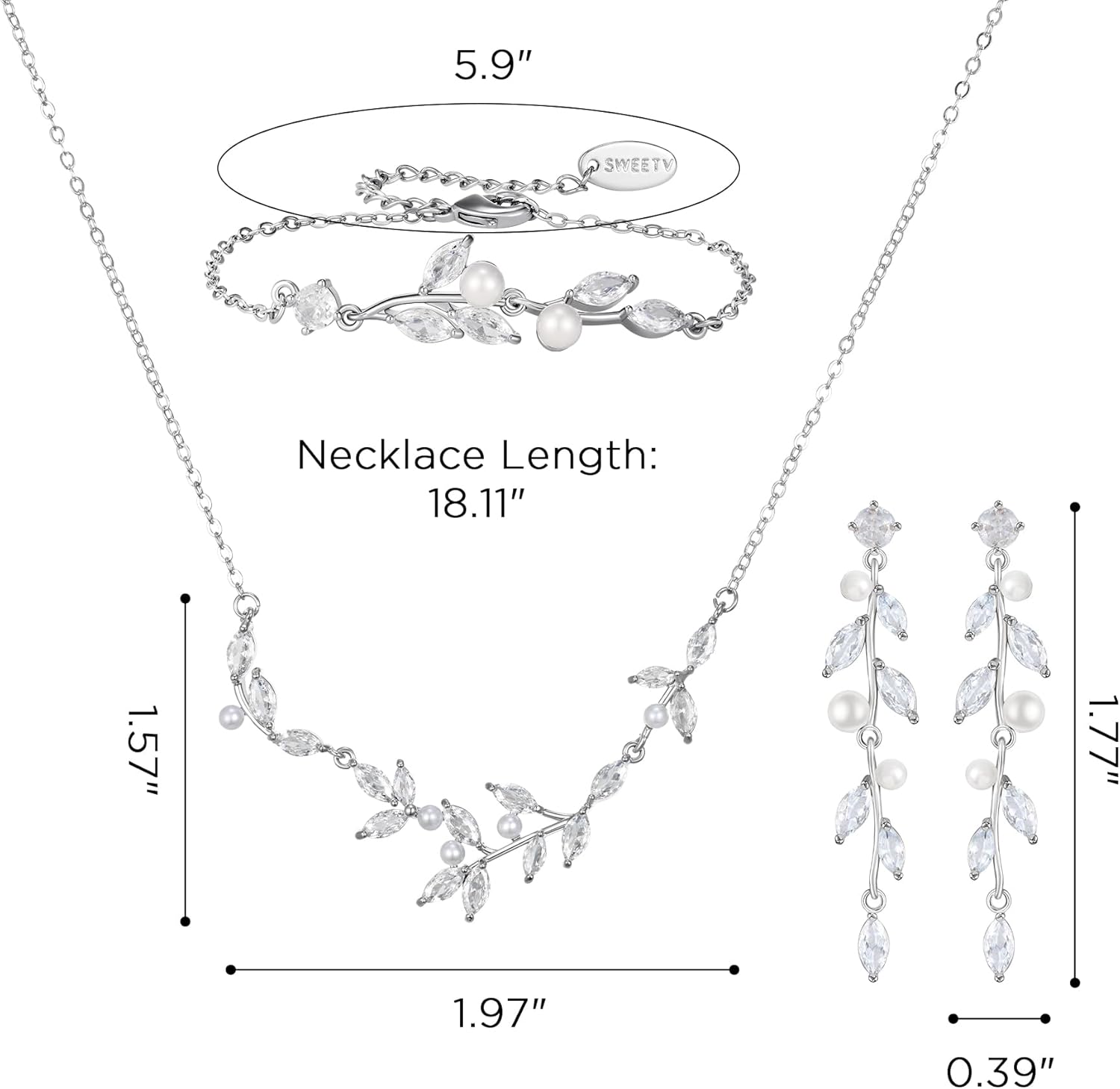 SWEETV Wedding Jewelry Sets For Women, Marquise Cubic Zirconia Pearl Bridal Jewelry Set for Brides Bridesmaids, Vine Leaf Necklace Dangle Earrings Sets - Image 5