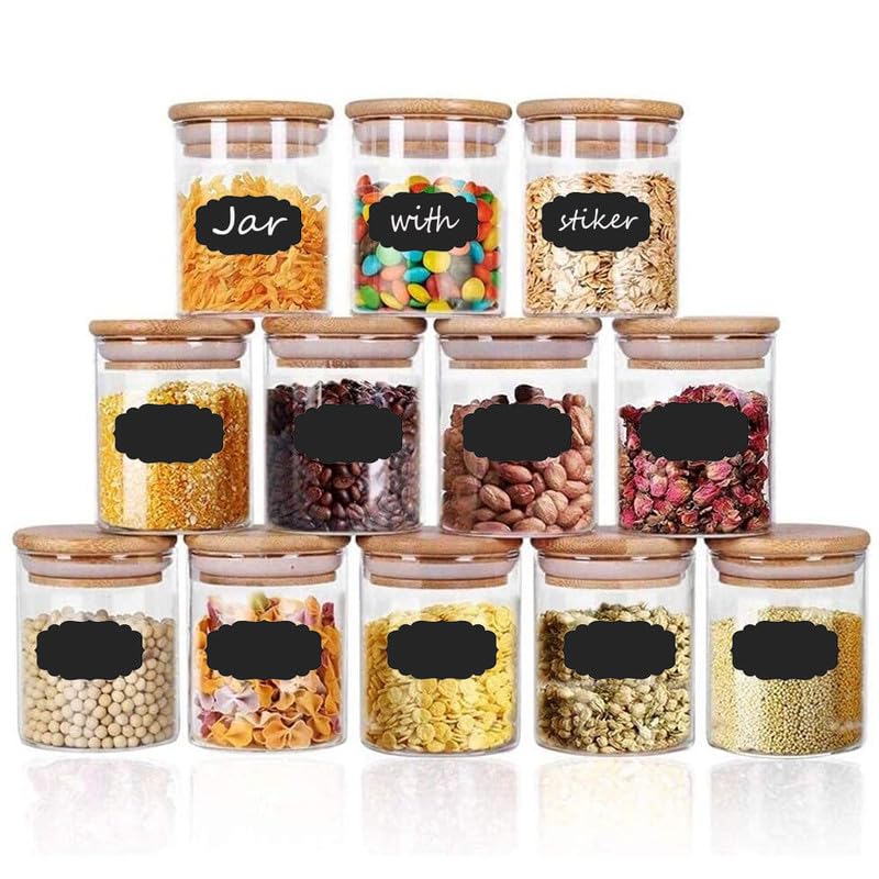 Brezzycloud 12 Set Glass Jars Set With Bamboo Airtight Lid And La...