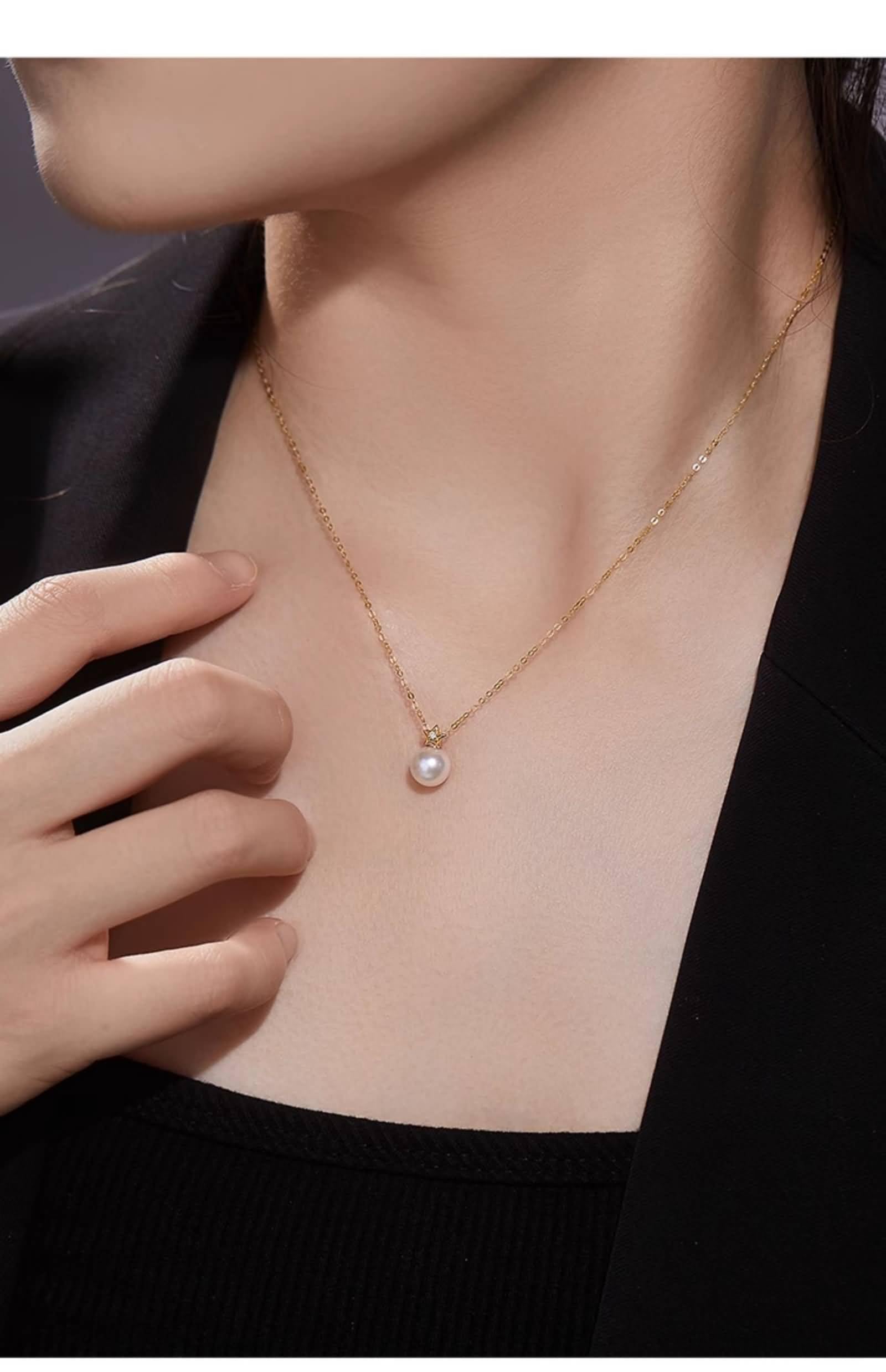Collar de perlas de oro amarillo de 9 K/14 K/18 K, elegante collar con colgante de estrella de agua salada de 7-7,5 mm y diamante de 0,01 quilates para mujer, oro real