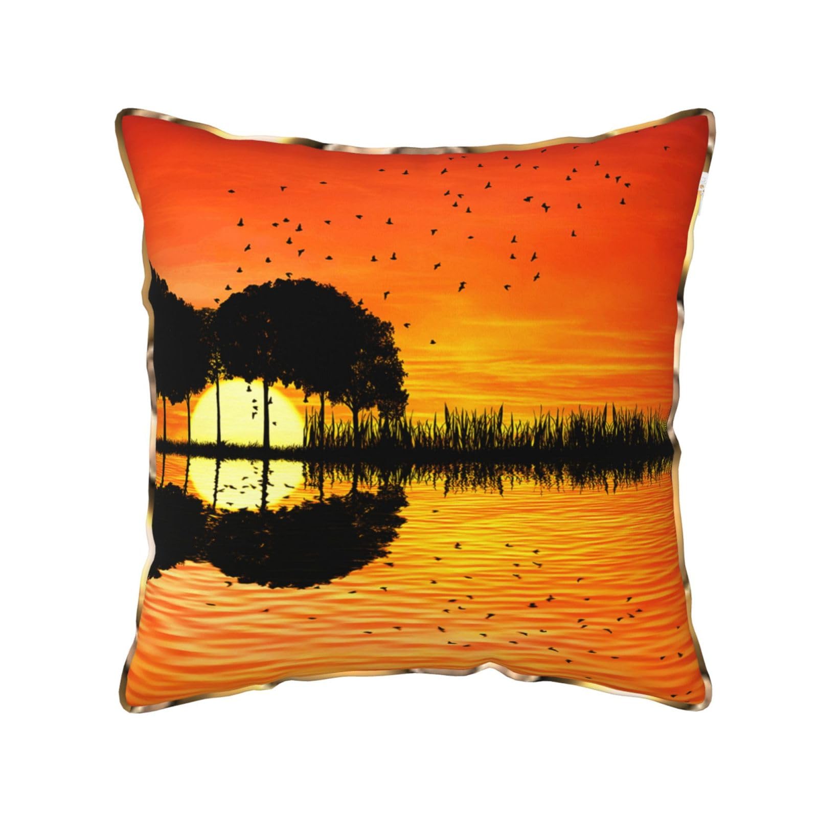 AUBKFELD Lake Guitar Reflection Printed Velvet Cushion Cover 40x40 CM with Gold Edging Strip, Square Pillowcase Soft Throw Pillow Covers Case Decorative for Living Room Sofa Couch Bed Bench