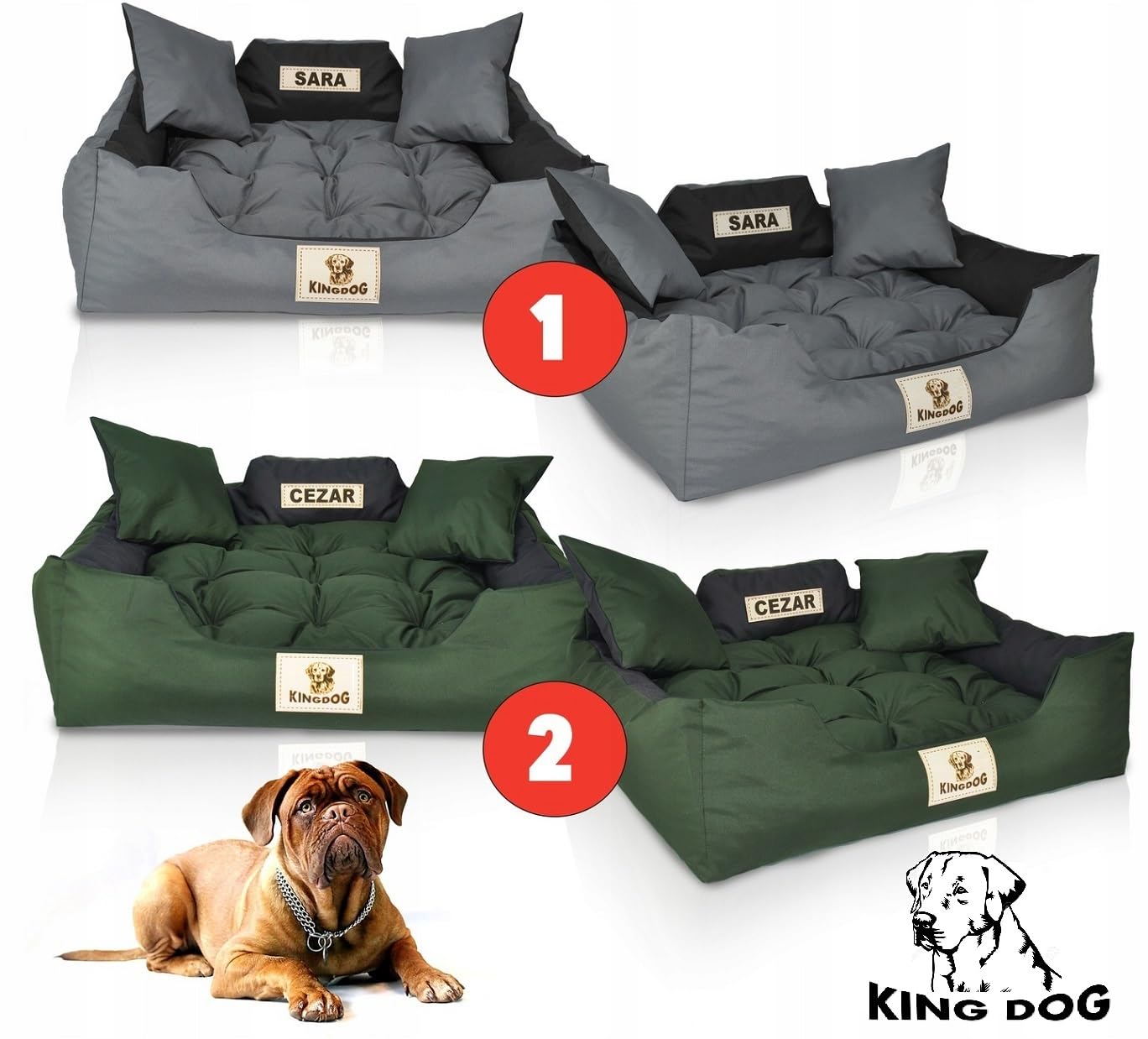 KING DOG Cama para perros 130 x 105 cm personalizada impermeable azul con cojín