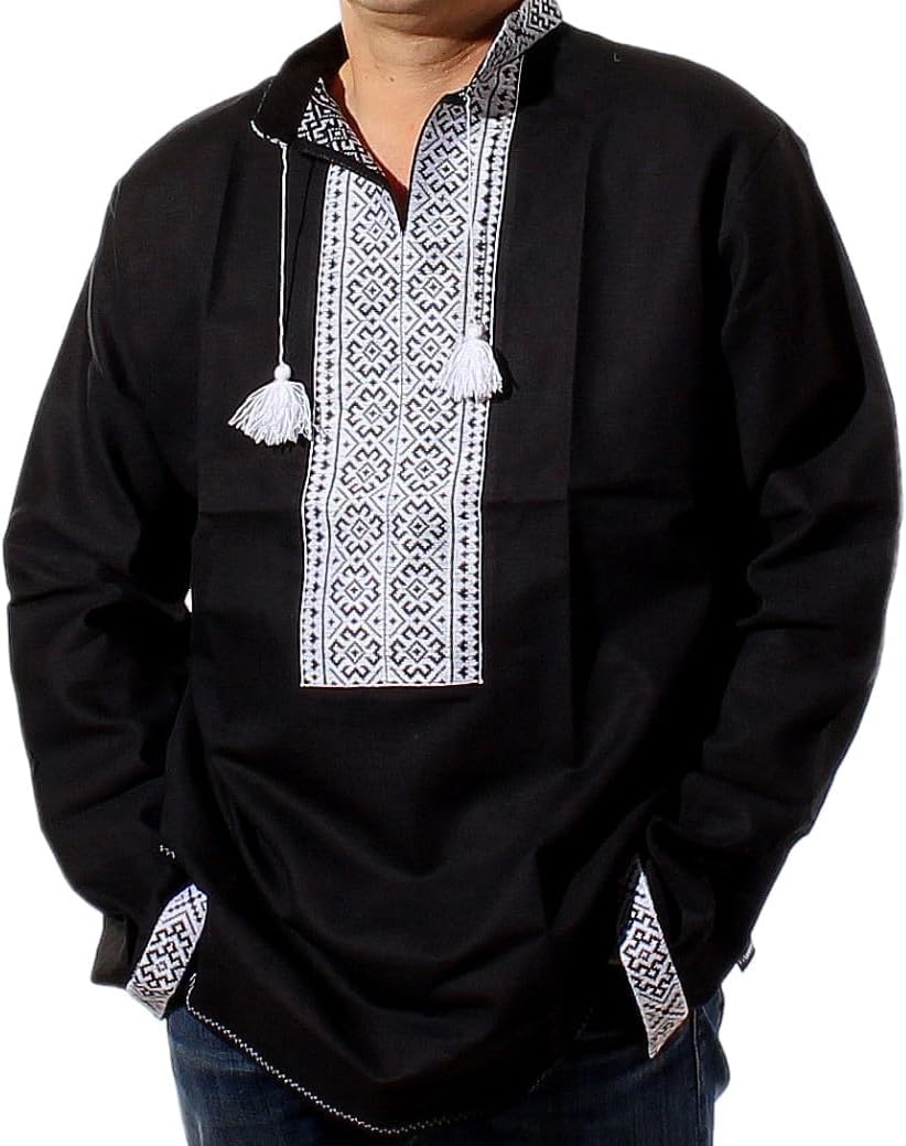 Rushnichok Ukrainian Vyshyvanka for Men Shirt Handmade Embroidered Black with White Pattern
