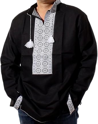 Rushnichok Ukrainian Vyshyvanka for Men Shirt Handmade Embroidered Black with White Pattern