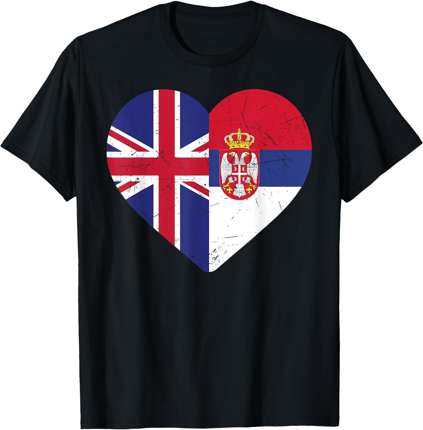 British Serbian UK Flag Serbian FlagT-Shirt: Unisex Adult, Serbian Flag & English Flag Heart, Black, Small, Long Sleeve