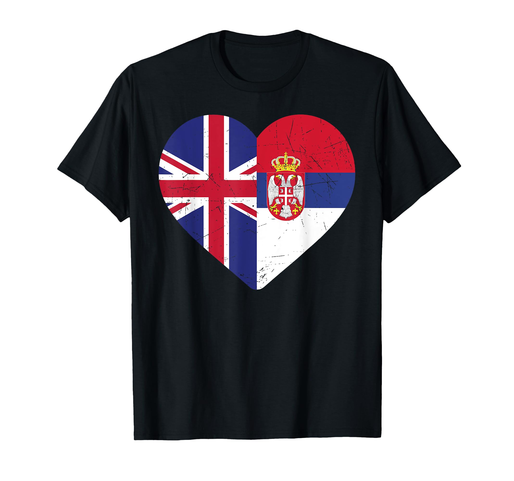 British Serbian UK Flag Serbian FlagT-Shirt: Unisex Adult, Serbian Flag & English Flag Heart, Black, Small, Long Sleeve