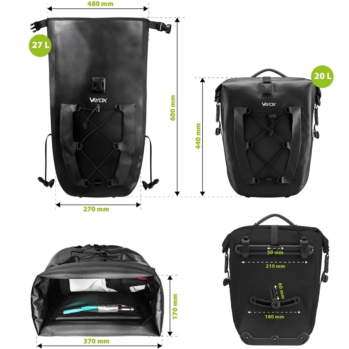 VAYOX 27L fahrradtasche Wasserdicht Roll-Top Gepäckträgertasche TPU Klipp Ergänzt fahrradtaschen für gepäckträger und satteltaschen für Fahrrad. Bungee-Kordel, 3-Punkt-Halterung, Reflektor