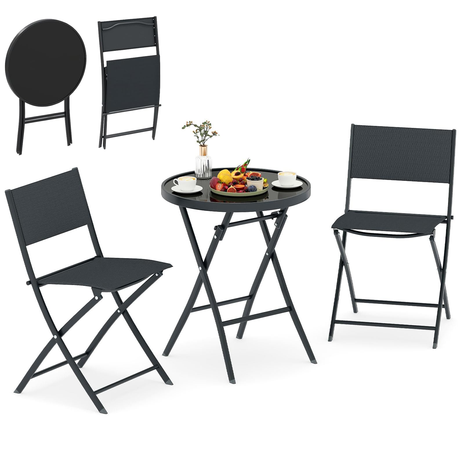RELAX4LIFE Tavolo da Giardino con Sedie, Set di 3 Pezzi Bistro Pieghevole con Piano in Vetro Temperato e Struttura in Metallo, Portatile per Terrazza Balcone, Portata 160KG+75KG, Nero