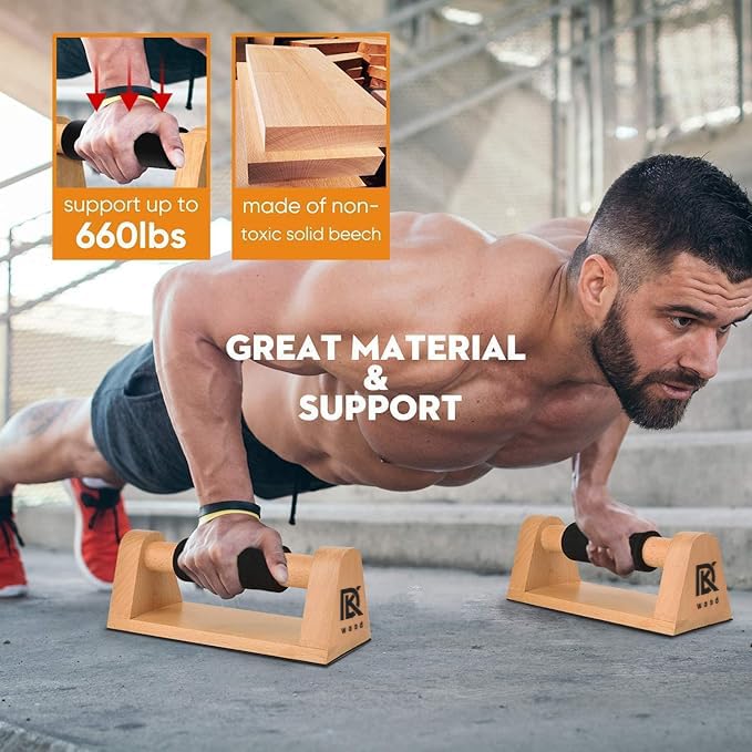 Image of Wood Push Up Bars with Full Non-Slip Baseplate 8mm Comfortable Rubber Grip Push Up Stand for Men and Women Sturdy Pushup Stands for Home Gym Fitness Body Building Muscle Training Workout