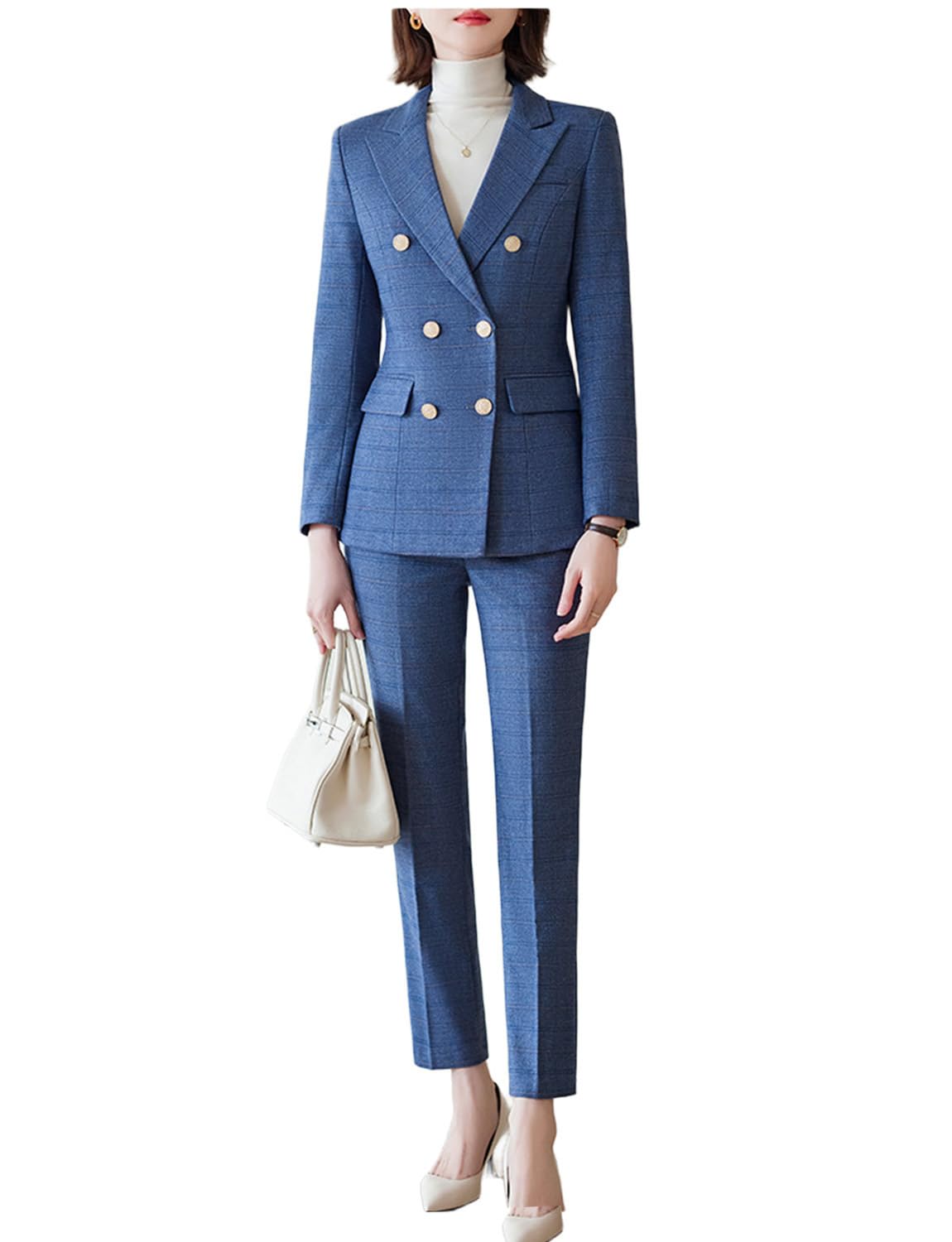 Womens Checked Suit Double Breasted Buttons Peak Lapel Two Pieces Wedding Formal Tuxedos