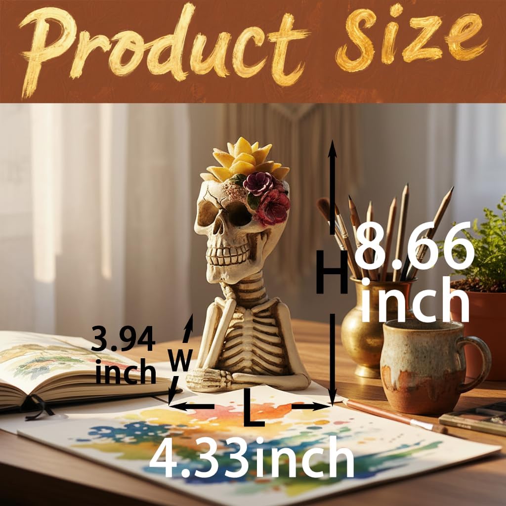 Skull Fake Plants Statue Decorations, Planter Pots with Artificial Succulents, Faux Indoor Plants for Home Decor, Desk Ornament, Handmade Resin Skeleton Statue, Unique for Women