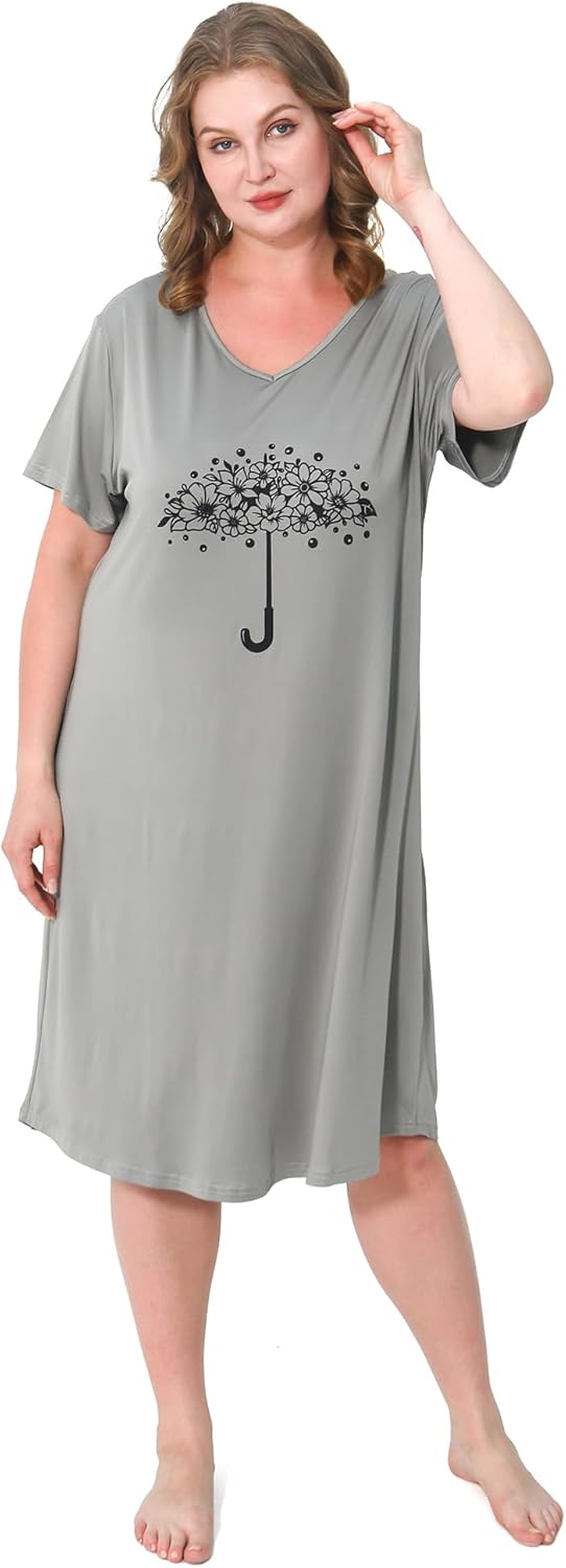 2 Pack Plus Size Nightgown for Women Casual V Neck Nightshirts Print Short Sleeve Sleepwear - Image 4