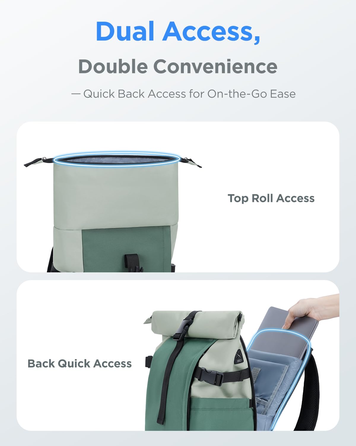 Besuche den ECOHUB- ECOHUB Rolltop Rucksack 20–27L, 15.6 Zoll Laptop Rucksack mit Schnellzugriff auf das Hauptfach ohne Öffnen des Rolltops, Urbaner Tagesrucksack für Alltag, Arbeit, Uni und Reisen(Forest Sage) in use