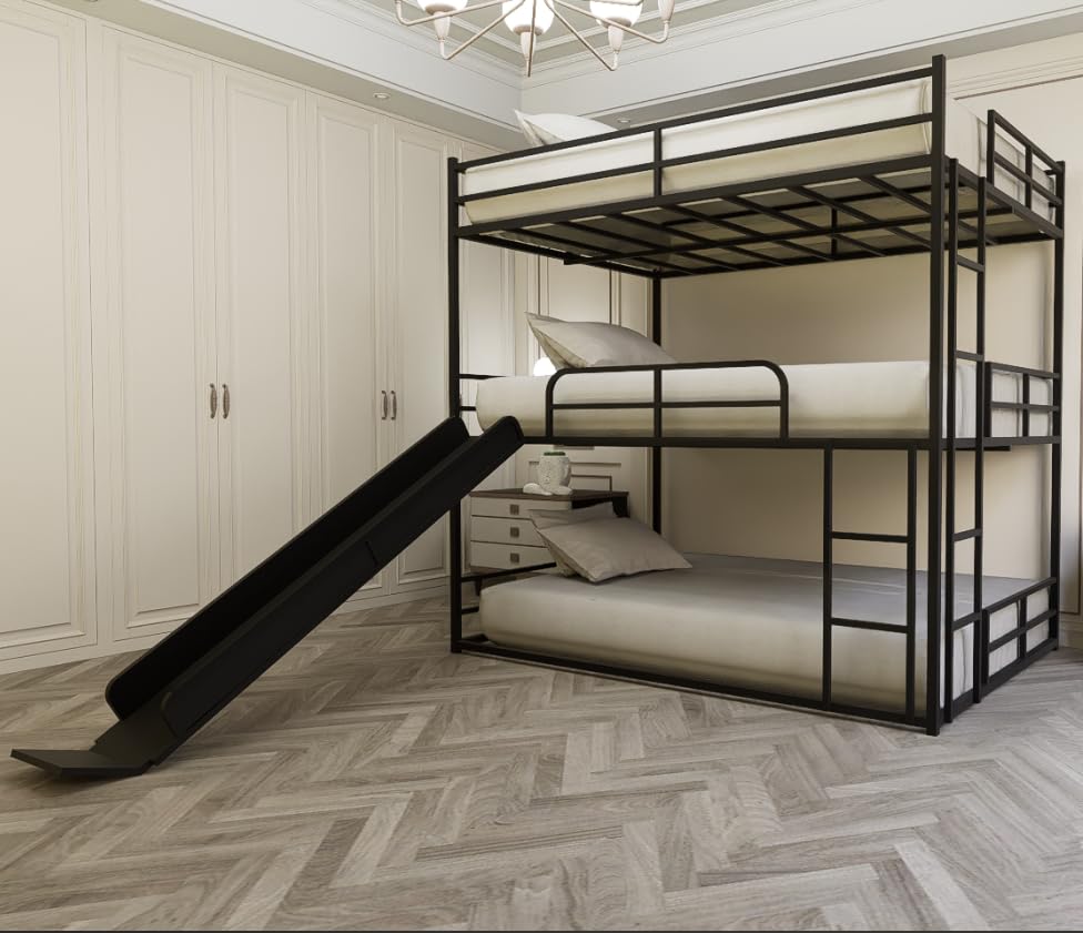 Bellemave Triple Beds with Slide Full Over Full Over Full Bunk Bed Frame 3 Bed Bunk Beds for Kids Teens Boys Girls with 2 Ladder/Full-Length Guardrails, Black