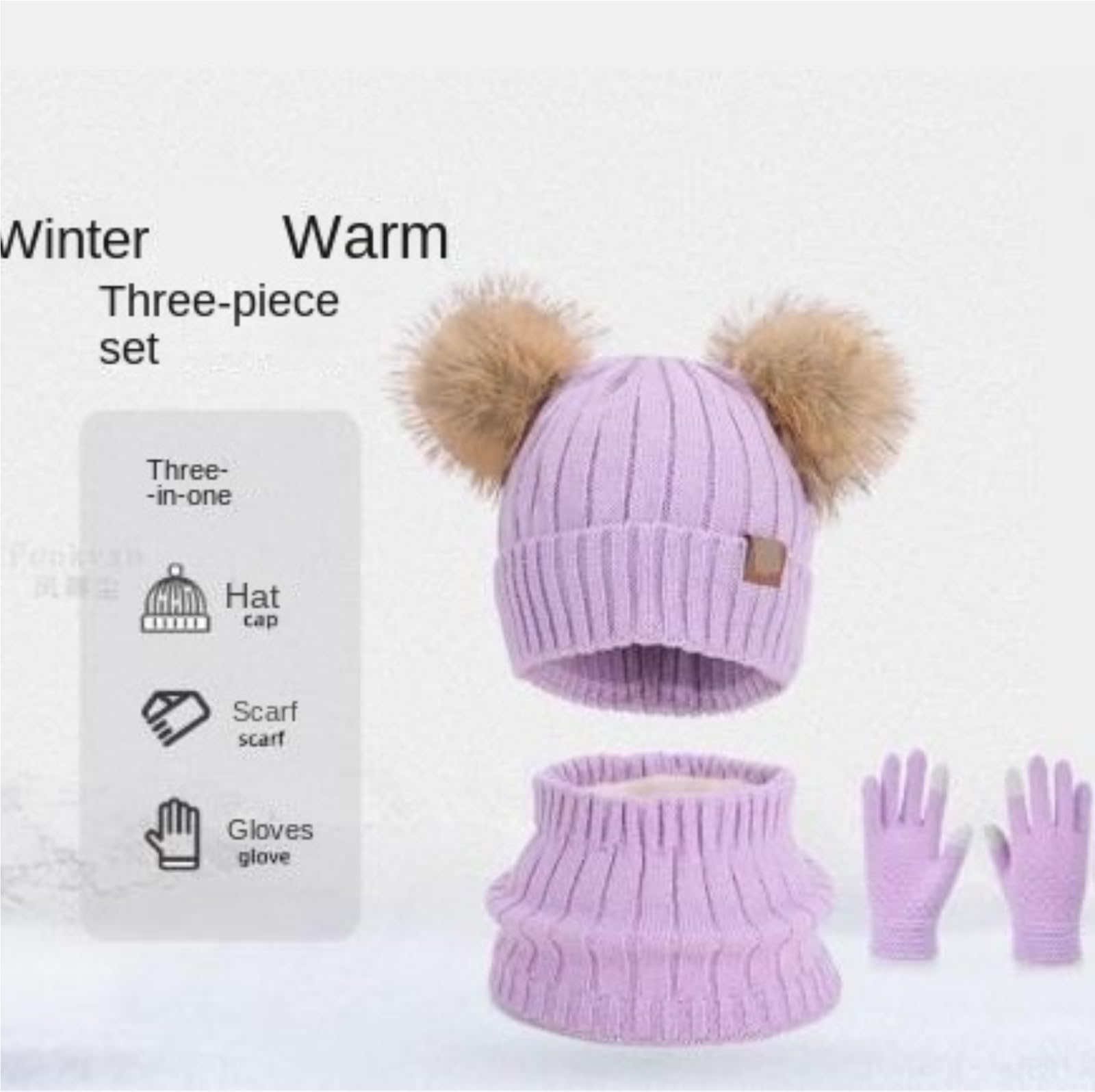 Set Cappello Sciarpa Guanti Set Invernale Caldo da 3 Pezzi con Cappello, Sciarpa E Guanti Pompon Inverno(Purple)