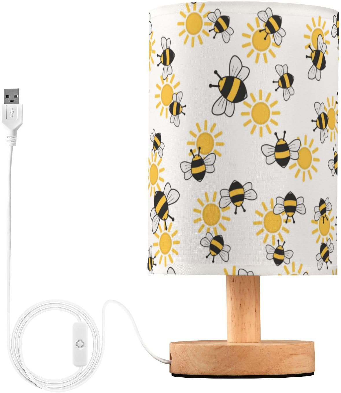 Wusikd Bee Insect Table Lamp Cute Bee LED Desk Light USB Nightstand Lamp with Non Slip Wood Base & Eye-Friendily Lampshade for Living Room Bedroom Dorm Home Office Desk Decor