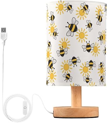 Wusikd Bee Insect Table Lamp Cute Bee LED Desk Light USB Nightstand Lamp with Non Slip Wood Base & Eye-Friendily Lampshade for Living Room Bedroom Dorm Home Office Desk Decor