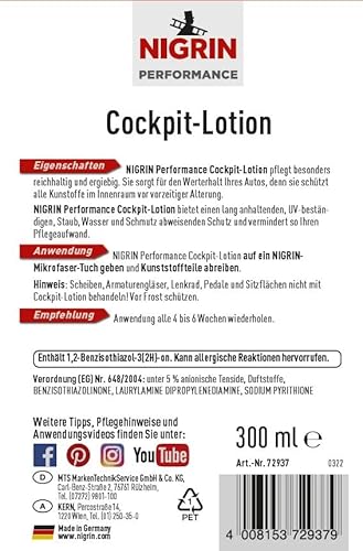 NIGRIN Performance Cockpit-Lotion, farbauffrischend, antistatisch und staubabweisend, 300 ml